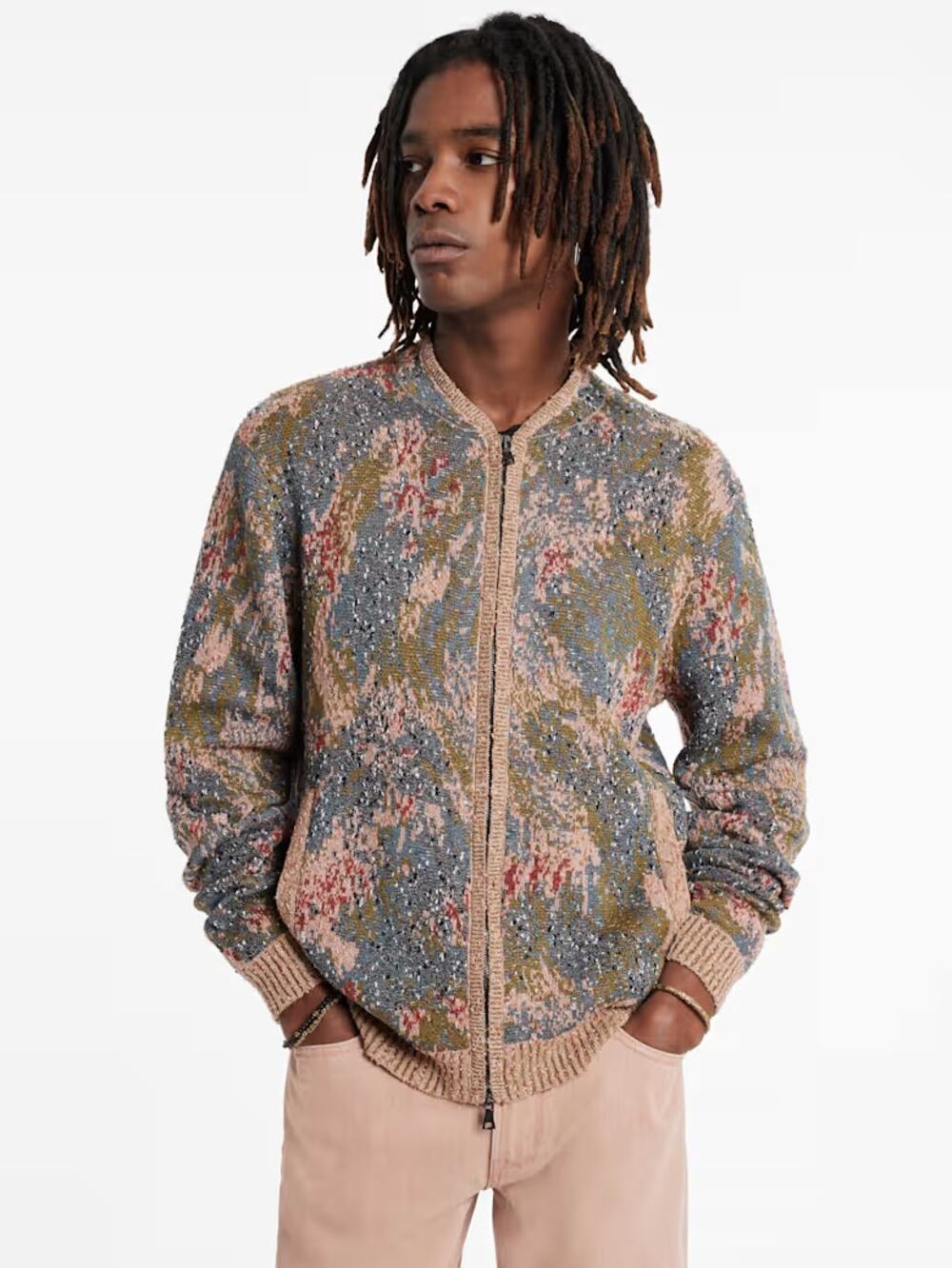 JOHN VARVATOS Canelas Bomber Sweater Jacket Jacquard Barn Red Sz XL $698 {3E52}